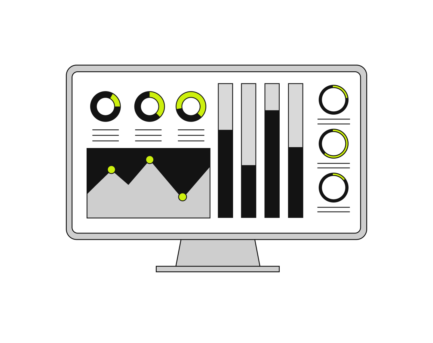 Illustration of a computer monitor displaying various charts and graphs, including bar charts, line graphs, and circular diagrams on a white background.