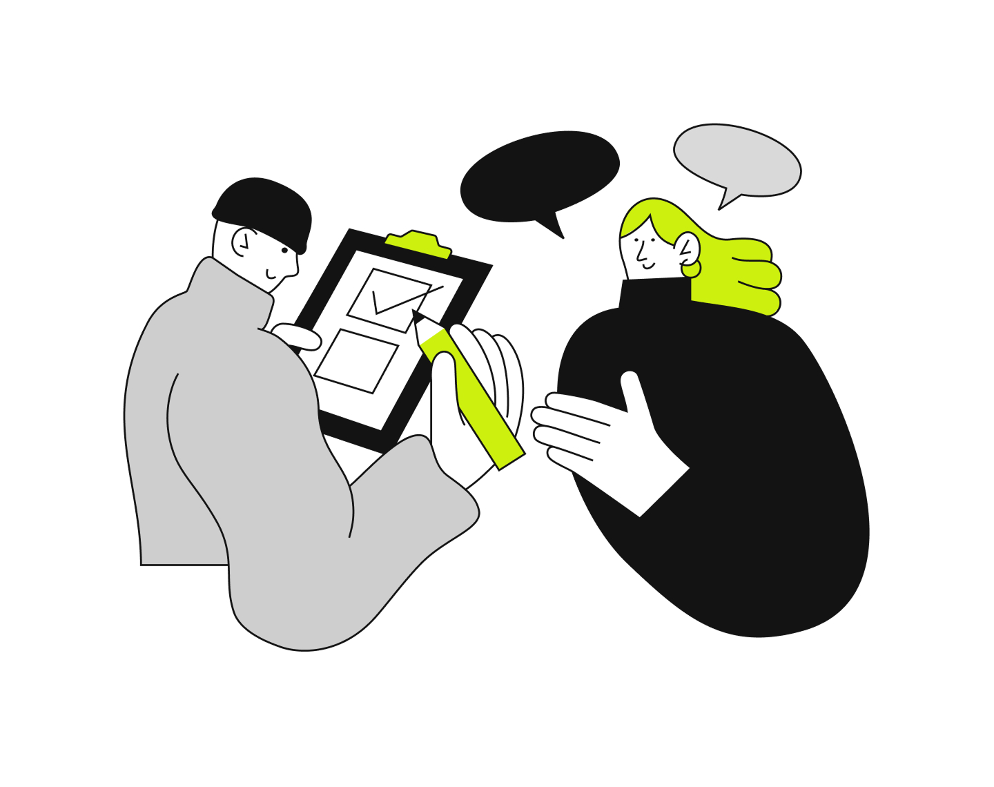 Illustration of two people discussing. One holds a clipboard with a checklist, while the other gestures. Speech bubbles indicate conversation.