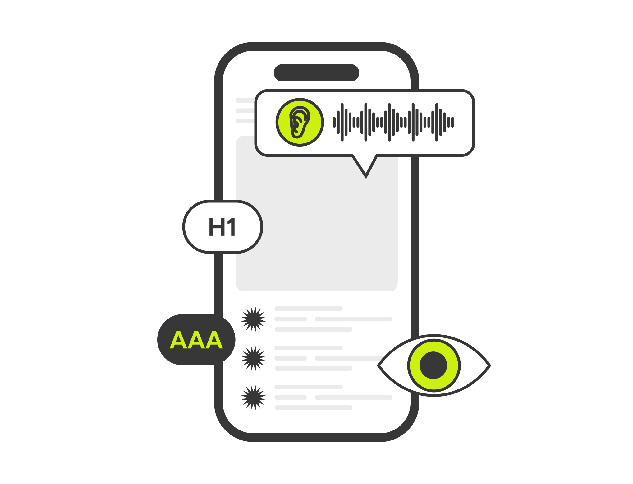 Illustration of a smartphone screen with accessibility icons: ear, eye, AAA, H1, and sound waves, representing audio and visual assistance features.