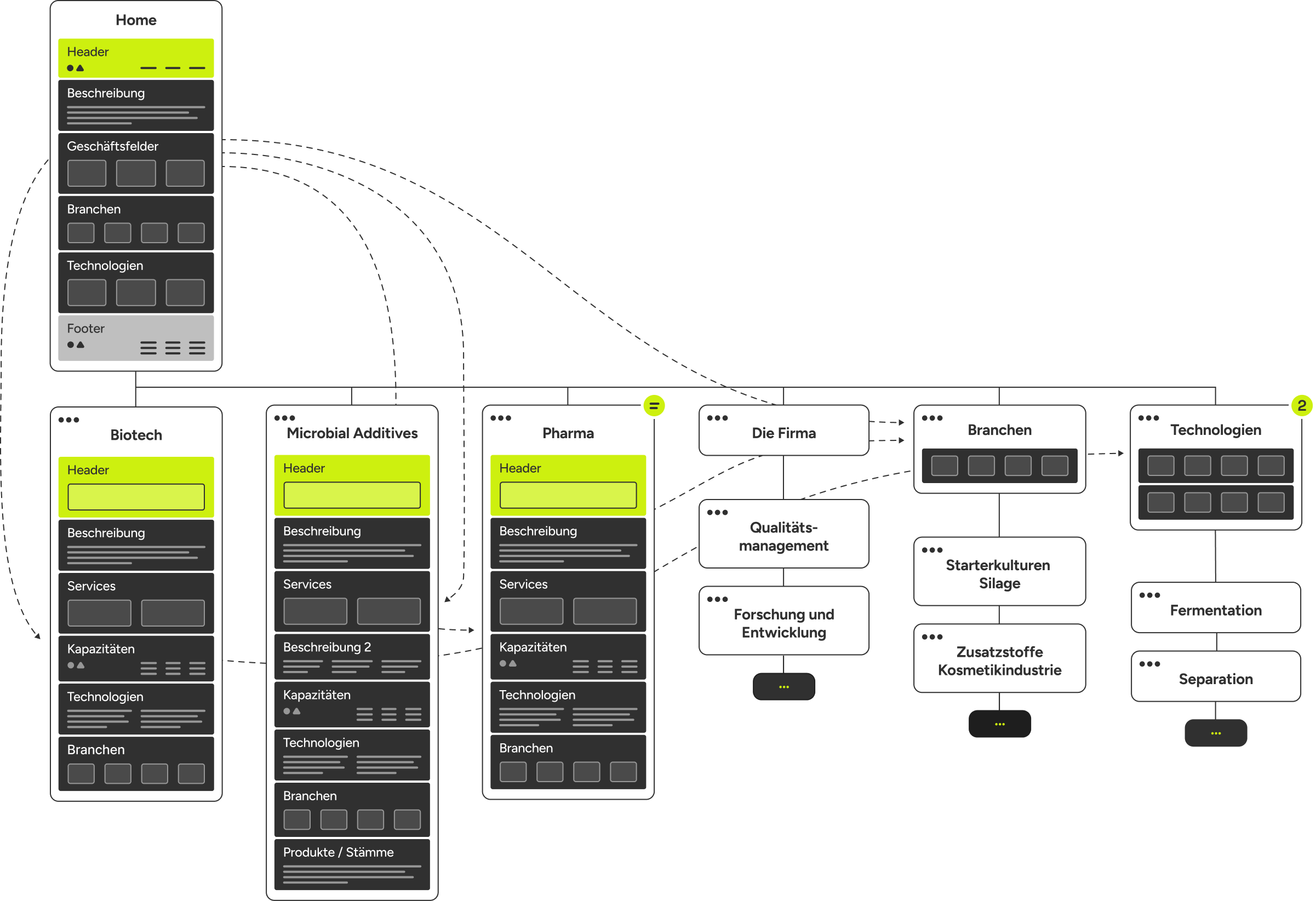 lx_media_case_study_lactosan_sitemap_german Flowchart of a website structure with interconnected boxes labeled Home, Biotech, Microbial Additives, and Pharma, detailing various sections.