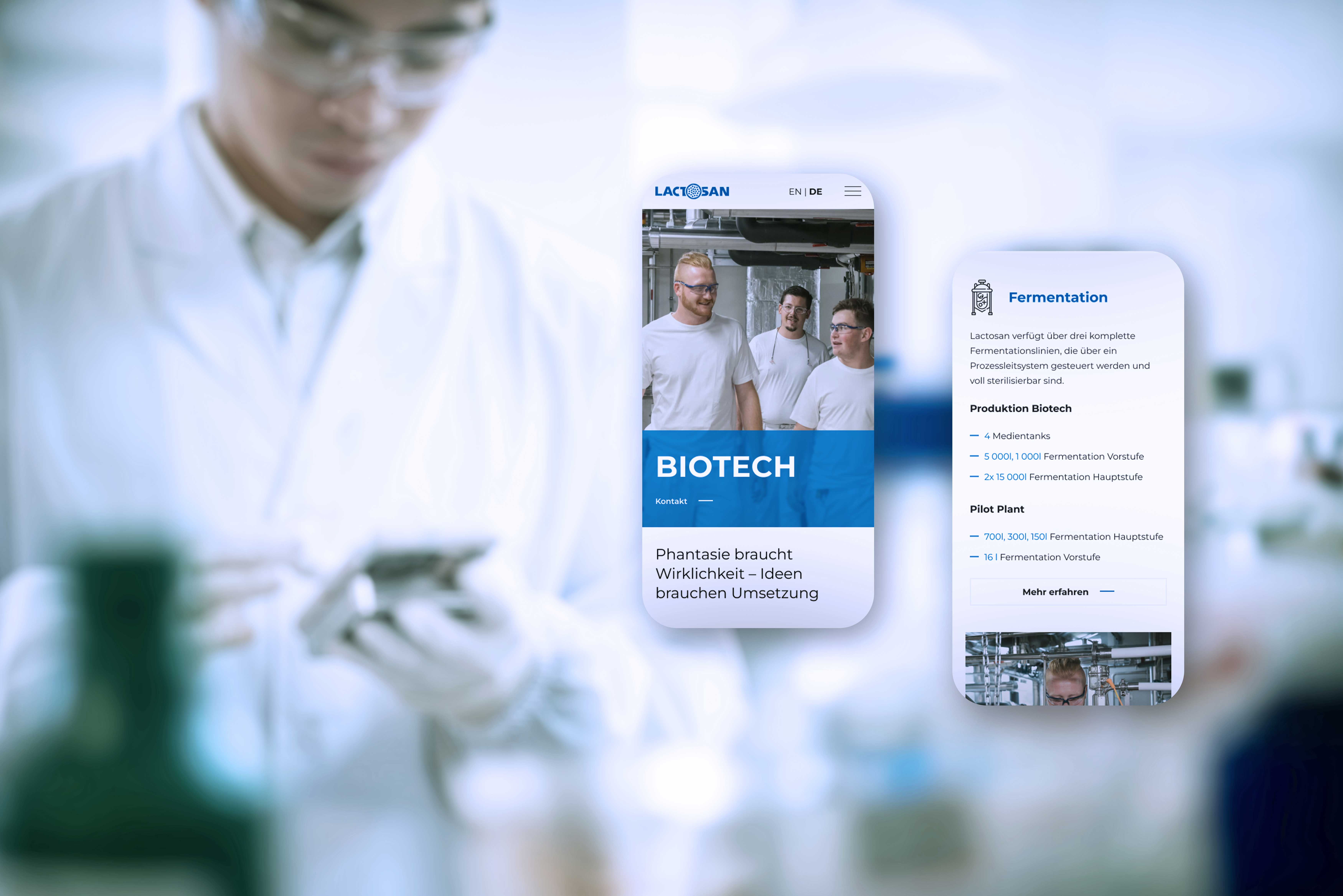Scientist in a lab coat using a tablet, with blurred background of two biotech-themed smartphone screens displaying information.