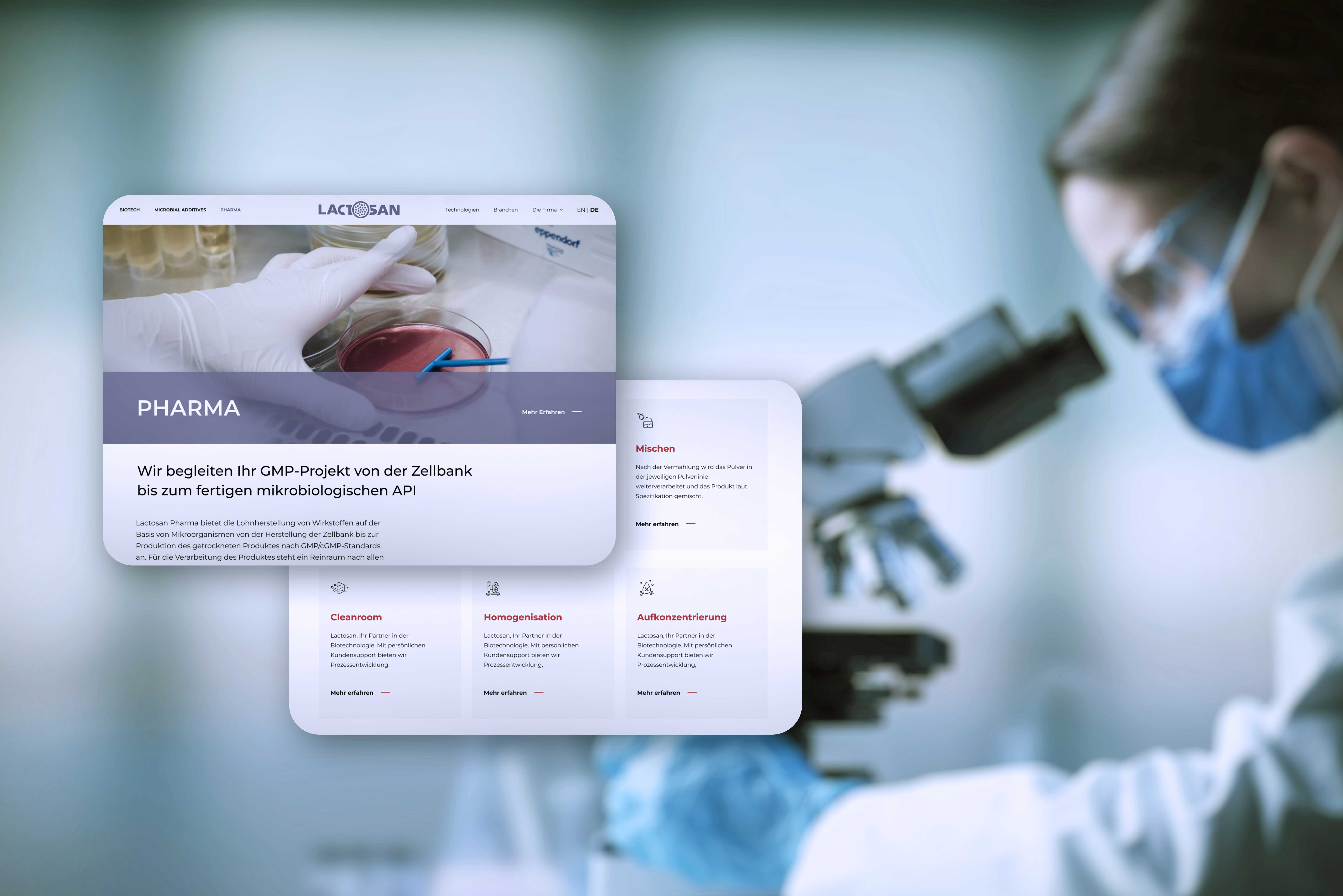 Scientist in a lab coat and mask using a microscope, with a website overlay showing a pharmaceutical project.