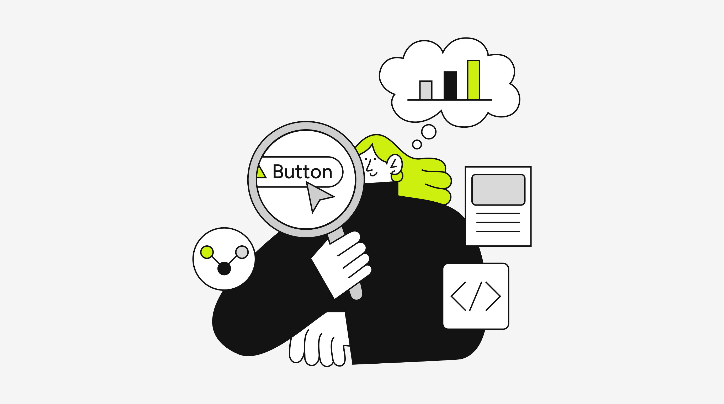 Illustration of a person holding a magnifying glass over a button, with icons of charts, code, and analytics in the background.
