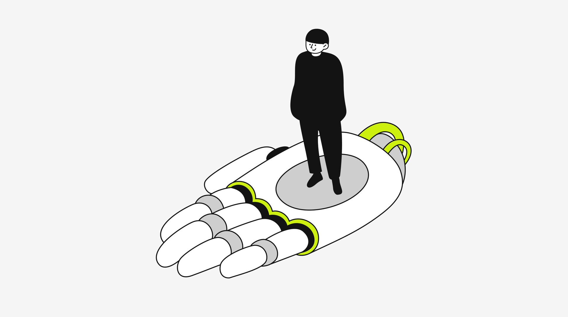 A person standing on a large robotic hand, wearing a black outfit and hat, with green accents on the hand.